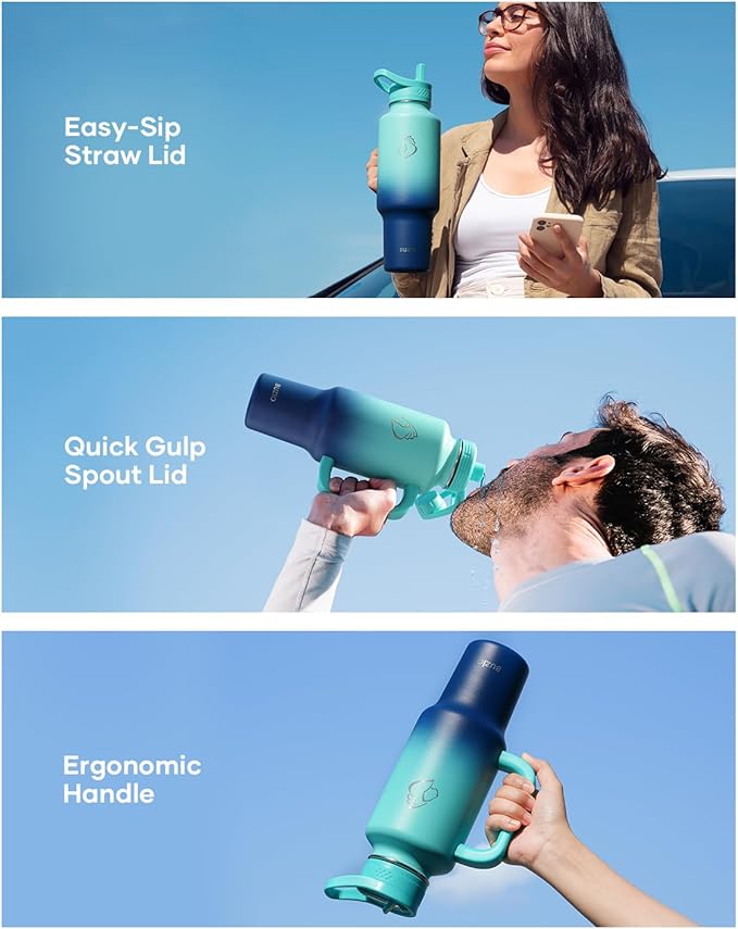 BUZIO Stainless Steel Water Bottle Fits in Cup Holder with Straw Spout Lid, 40 oz Insulated Tumbler with Handle, Double Wall Travel Mug Keep Cold 48hrs Hot 24hrs, Caribbean Blue