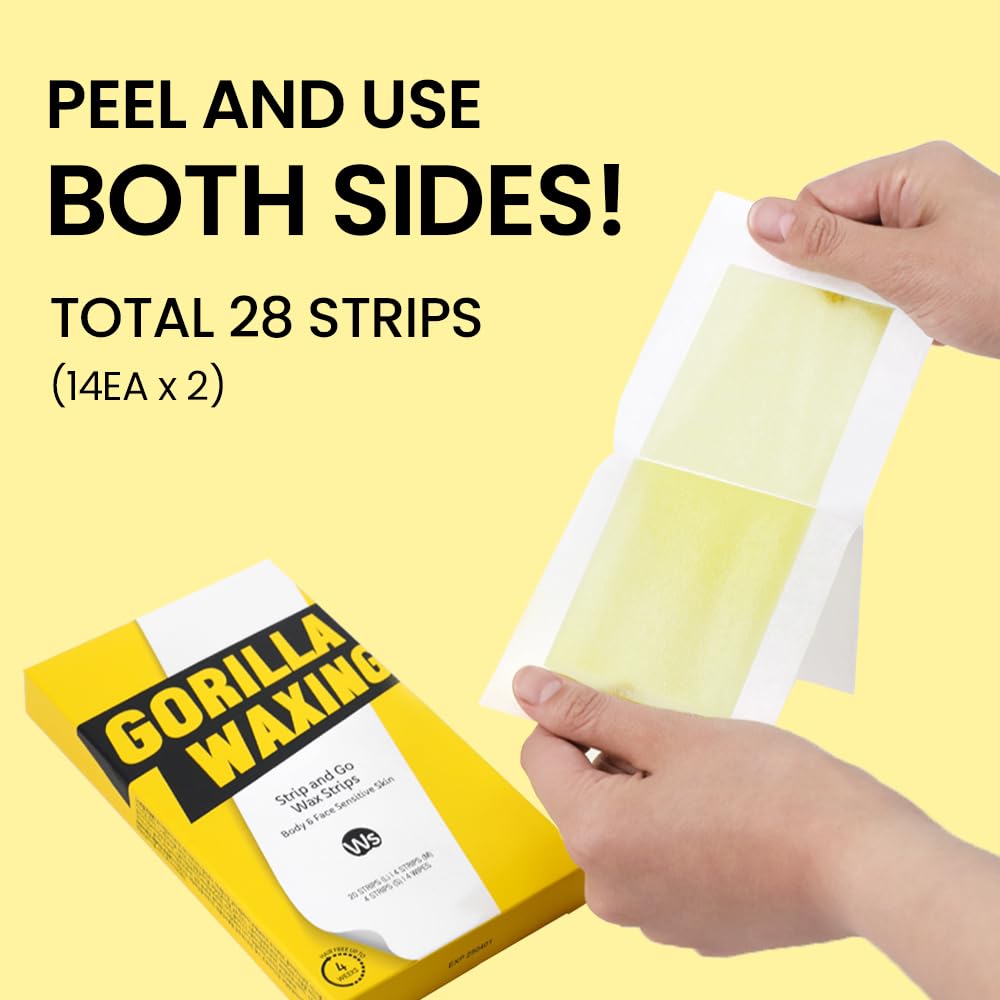 Gorilla Waxing Strip & Go Wax Strips Kit – 28 Multi-Size Wax Strips + 4 Calming Serum Wipes, Ready-to-Use Hair Removal for Face & Body, Sensitive Skin, No Heating Needed, Korean Skin Care