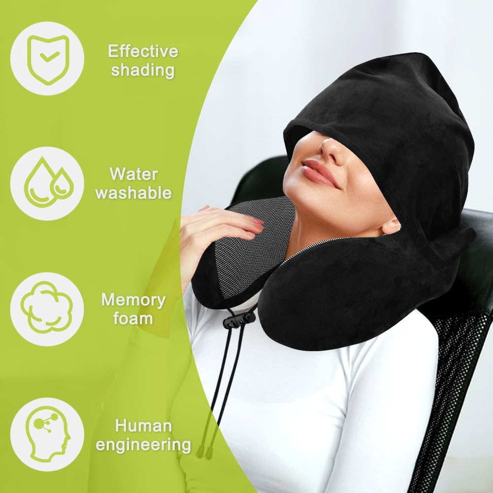 Hooded Travel Neck Pillow, Soft Travel Pillow with Earplugs & Eye Mask U Shaped Memory Foam Neck Pillow with Hood for Airplane, Office, Cars Sleeping Rest(Black)