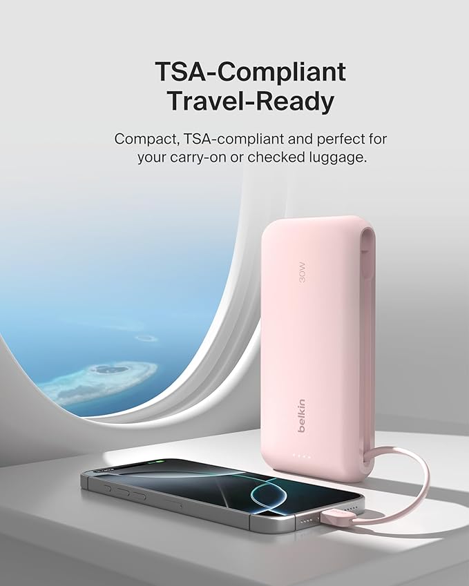 Belkin Portable Charger, Power Bank with Integrated Cable 20000 mAh 30W - Fast Charging USB C Power Delivery, iPhone Charger - iPhone 17, Air, Pro, Pro Max, iPad, Galaxy S25, & More - Pink