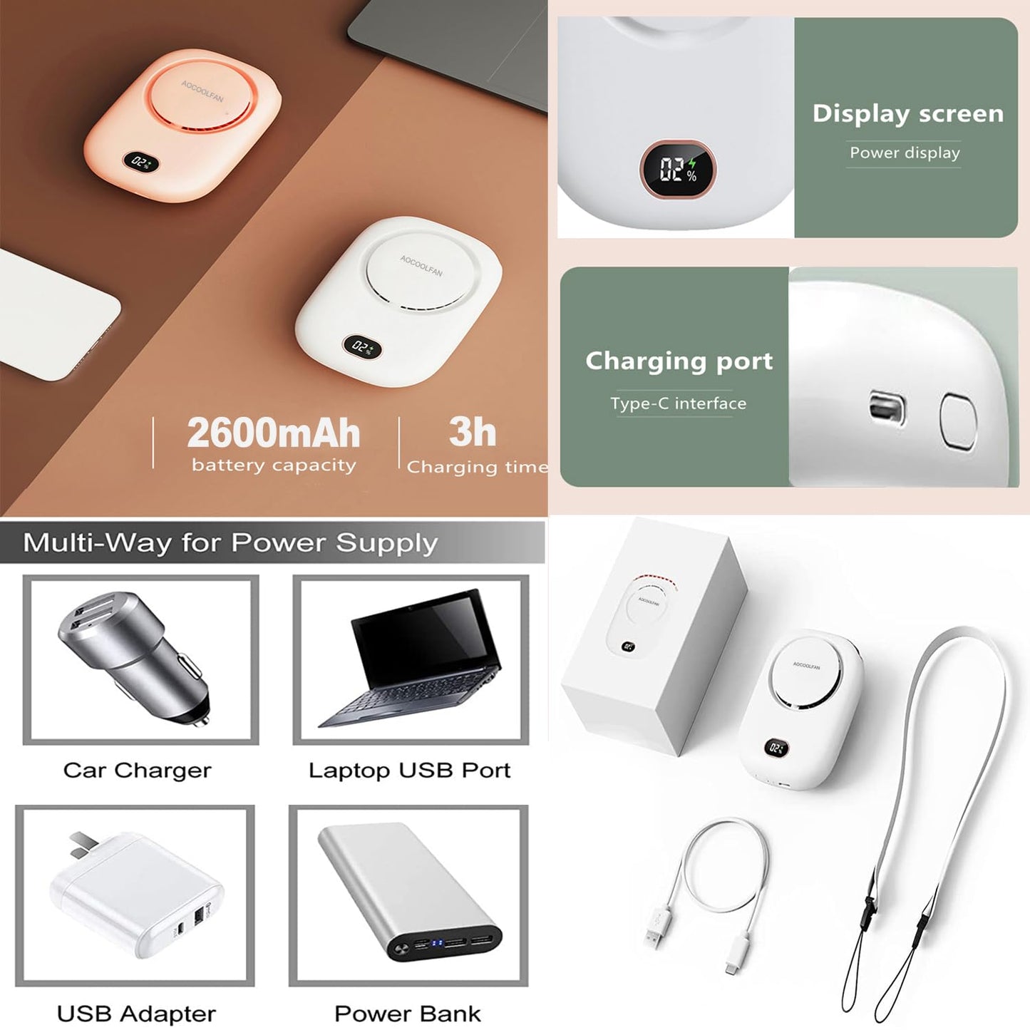 AOCOOLFAN Portable Neck Fan, Mini Small Personal Handheld Fan USB Rechargeable 3 Speed for Girls Boys Woman Eyelash Travel Home Office Outdoor (White)