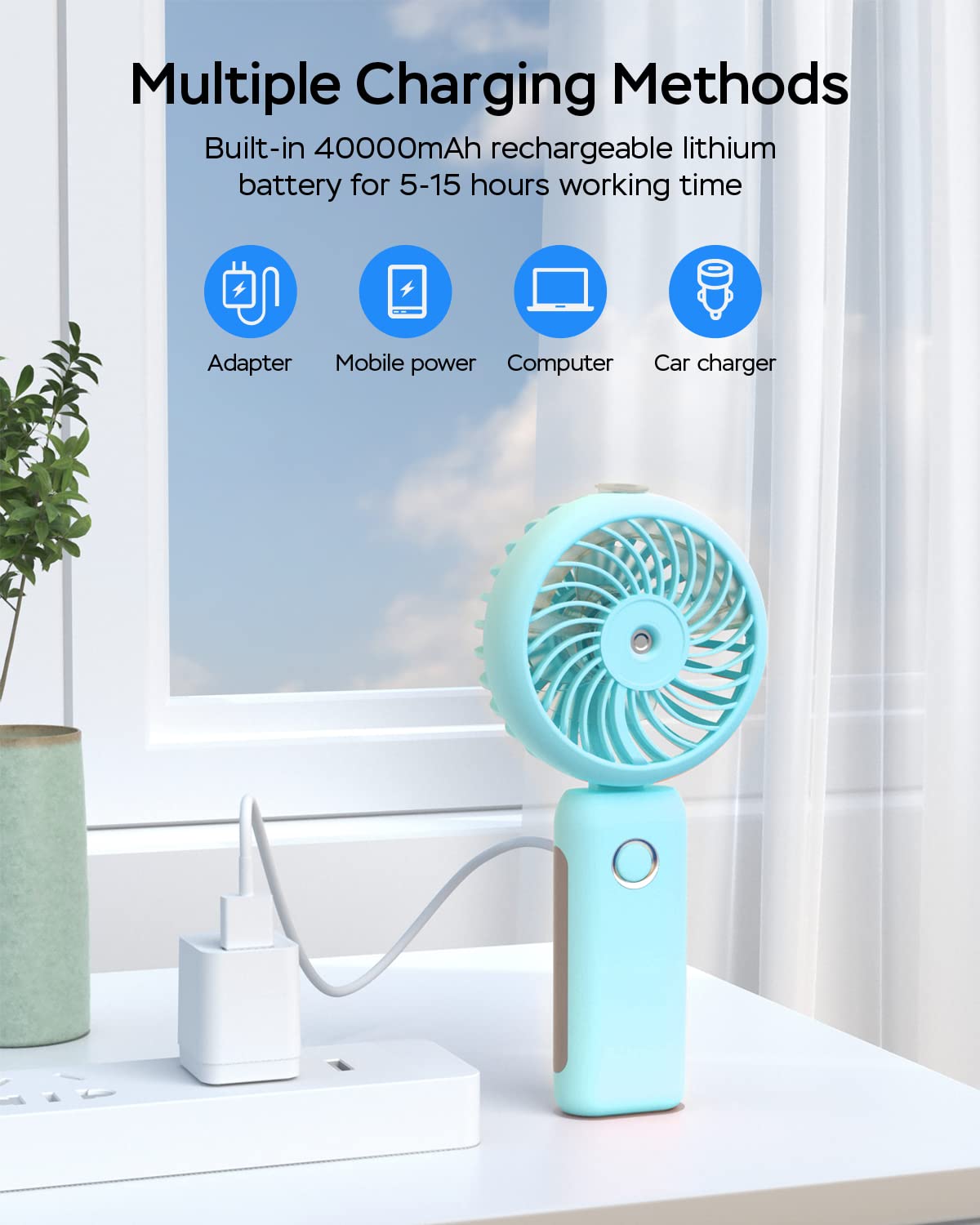 RNKRUN Portable Handheld Misting Fan, 4000mAh USB Rechargeable Personal Mister Foldable Fan Battery Operated Spray Water Mist Fan Makeup Small Face Steamer for Travel Outdoors Office blue