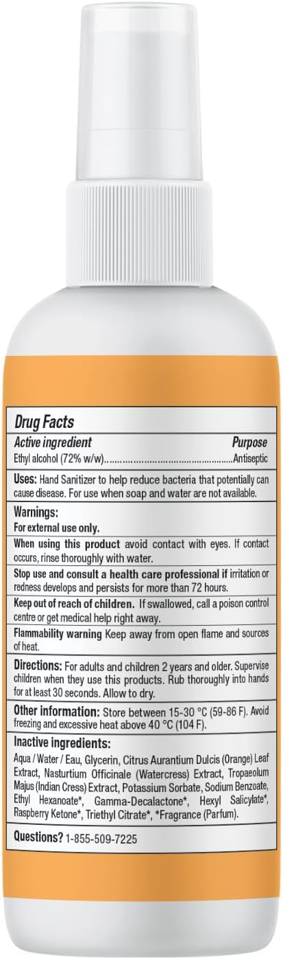 ATTITUDE Hand Sanitizer Spray, EWG Verified, Kills Germs & Bacteria, Vegan & Plant-Based, Safe for Adults & Kids, Orange Blossom & Eucalyptus Scent, 3.38 Fl Oz (Pack of 6) (Spray Bottle)
