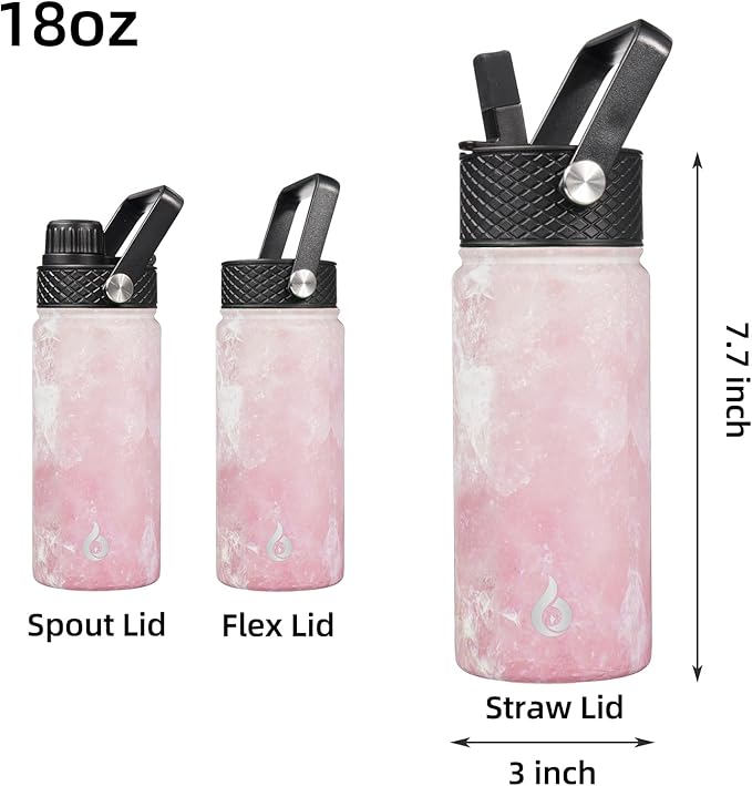 BJPKPK Insulated Water Bottles with Straw Lid, 18oz Stainless Steel Metal Water Bottle, Cold Hot Thermo with 3 Lids, Leak Proof BPA Free Travel Cup, Wide Mouth Flasks - Blossom