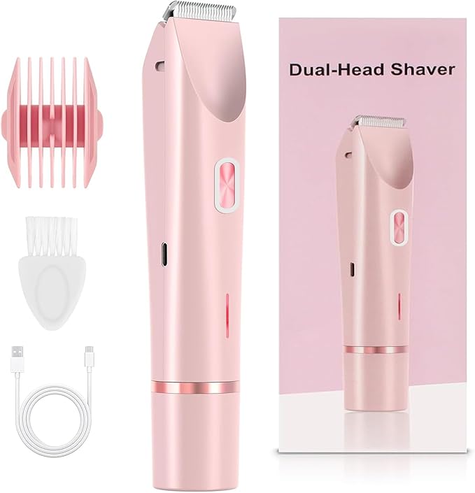 2-in-1 Electric Shaver & Bikini Trimmer for Women - Painless Hair Removal for Body, Face & Bikini, Hypoallergenic, IPX7 Waterproof, Cordless Wet/Dry for Shower & Travel (Pink)