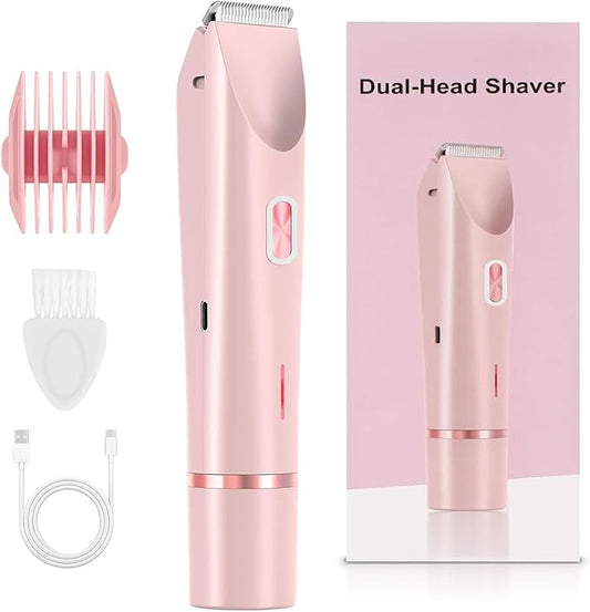 2-in-1 Electric Shaver & Bikini Trimmer for Women - Painless Hair Removal for Body, Face & Bikini, Hypoallergenic, IPX7 Waterproof, Cordless Wet/Dry for Shower & Travel (Pink)