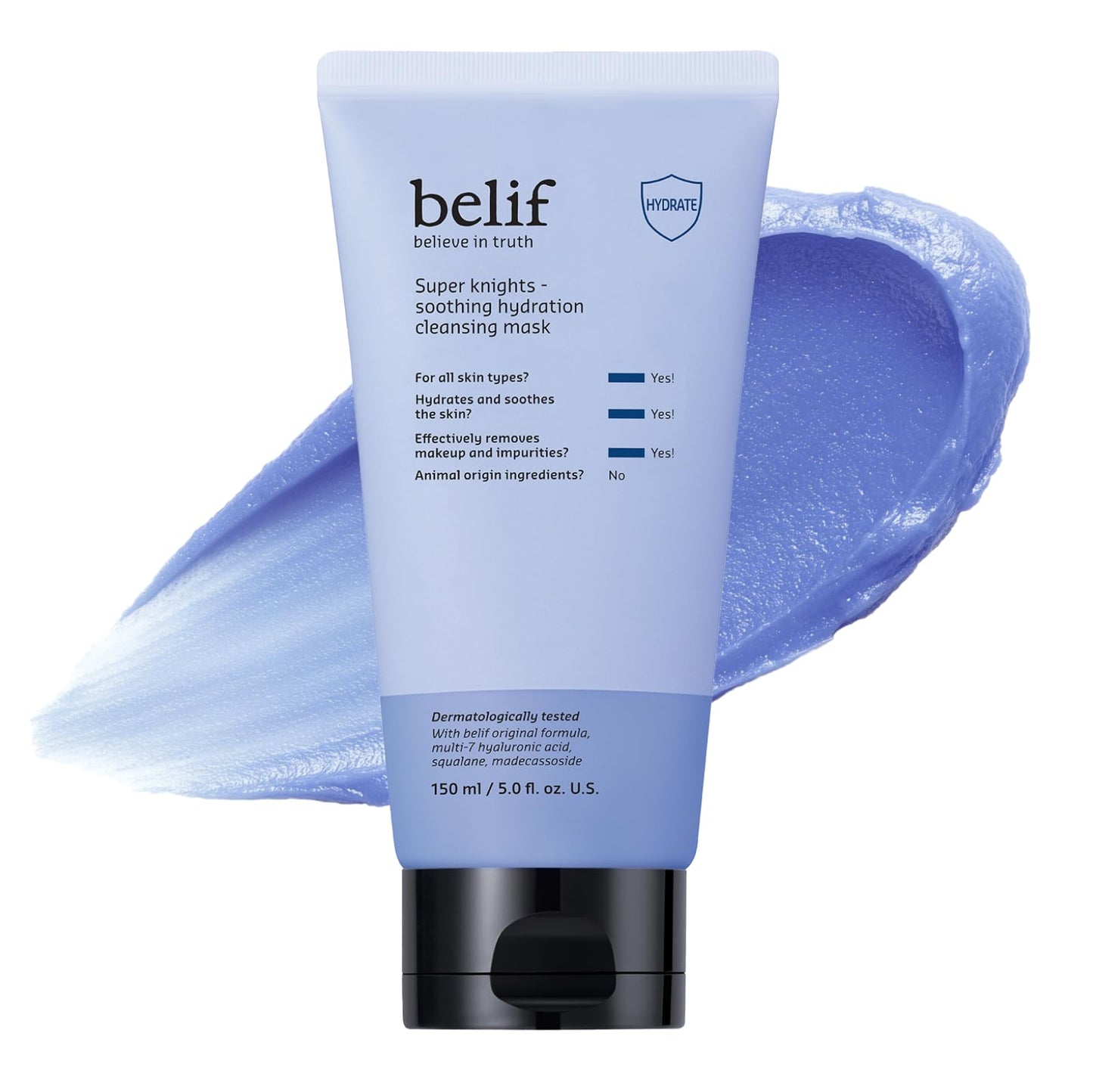 belif Super Knights - Soothing Hydration Cleansing Mask, 3-in-1 Facial Mask & Cleanser with Hyaluronic Acid, Squalane, Madecassoside | For Dry and Sensitive Skin | Korean Skincare (5.0 fl. oz)
