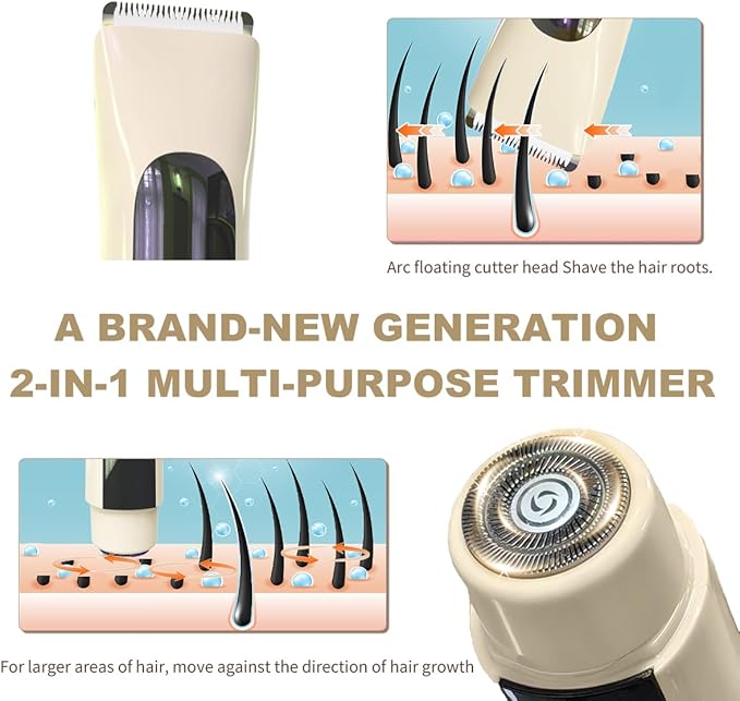 2 in 1 Women Electric Shaver,Dual Head Bikini Trimmer for Women with Ceramic Blade IPX7 Waterproof Wet & Dry Use Body Hair Trimmer,Electric Razor USB Rechargeable with HD LED Display (Beige)