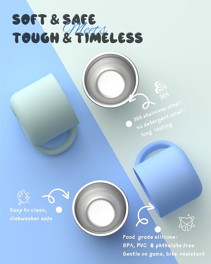 2-IN-1 Open Toddler Cups, Stainless Steel Baby Cup + Silicone Training Cup for Toddlers Kids Babys, No Plastic | No Soap Smell | Shock-Proof Feeding Essentials, 2-Pack Blue/Sage