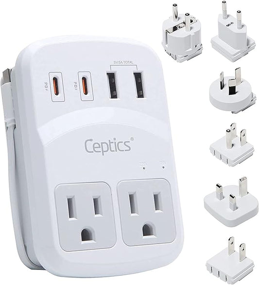 Ceptics World Travel Adapter Kit 2 USB-A, USB-C US Outlets, 20W/QC 18W Power Delivery, Surge Protection, SWADAPT Compatible for Europe, UK, China, Australia, Japan Perfect Laptop (WPS-5B)
