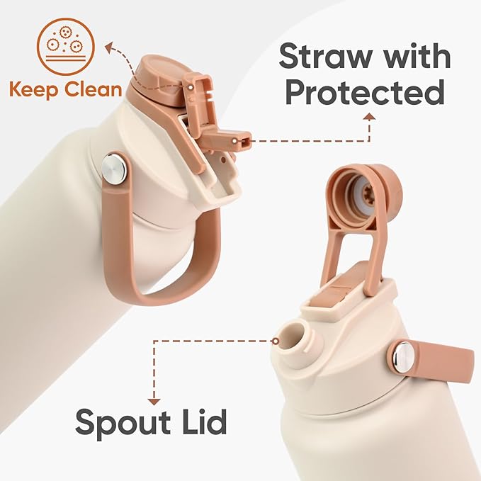 32 oz Insulated Water Bottle, 2-in-1 Lid, Straw & Spout with Protected, Leak Proof, Keep Cold, Stainless Steel, Metal, Reusable, Handle, for Outdoor, Gym and School, 2 Lids, Mousse