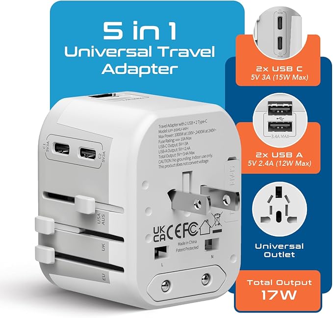 Ceptics International Plug Adapter, 5 in 1 Universal Power Adapter with 2X USB-A & USB-C, Worldwide Travel Essentials with Type A, C, G, I outputs for Europe Germany Spain Australia, UP-16KU-WH