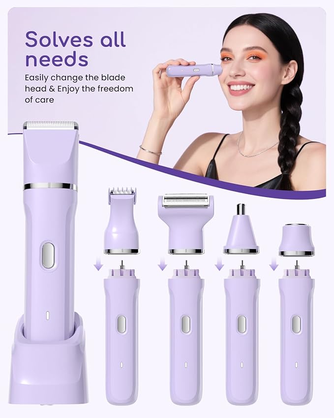 Bikini Trimmer for Women - 5 in 1 Electric Razors for Ladys Pubic Facial Nose Body Leg Hair Removal, Waterproof Electric Shaver for Women Private Area Sensitive Skin, Personal Hair Trimmer