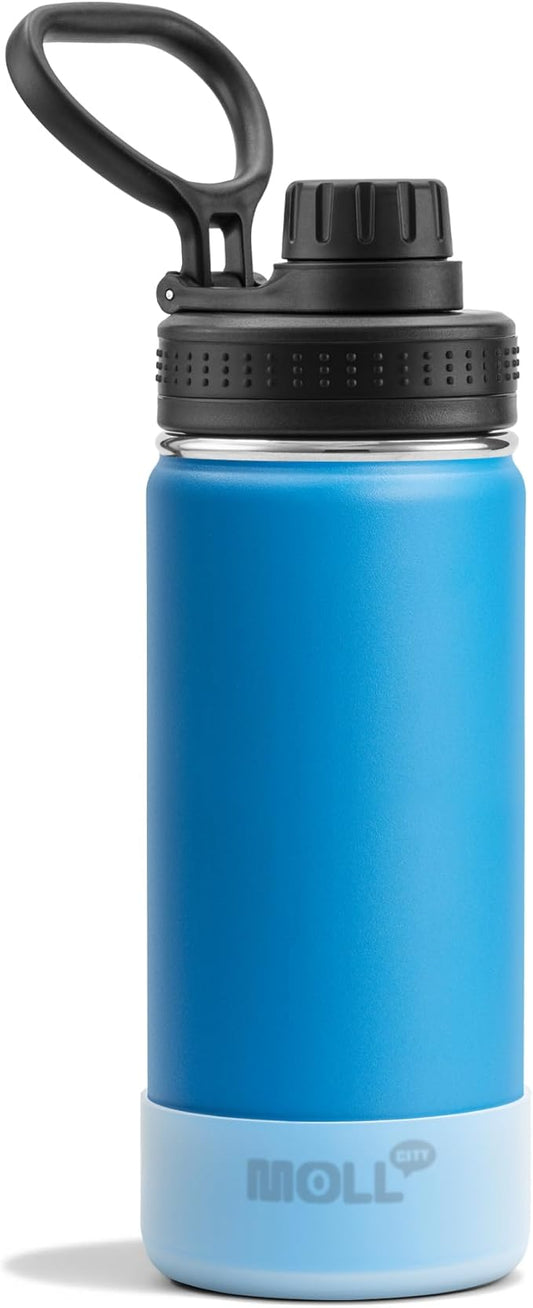 Kids Insulated Water Bottle-16 oz Stainless Steel Vacuum Wide Mouth Sports Flask with Silicone Boot-Reusable Metal Leak Proof Travel Water Bottle for Girls Boys, BPA-Free(Sky Blue)