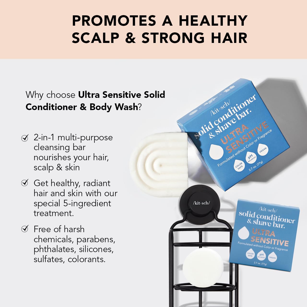 Kitsch 2-in-1 Ultra Sensitive Conditioner Bar & Shaving Soap for Sensitive Scalp & Skin – Moisturizing & Anti-Irritation Bar Soap - Scent Free, 5 Ingredients Only - Made in USA - 2.7oz