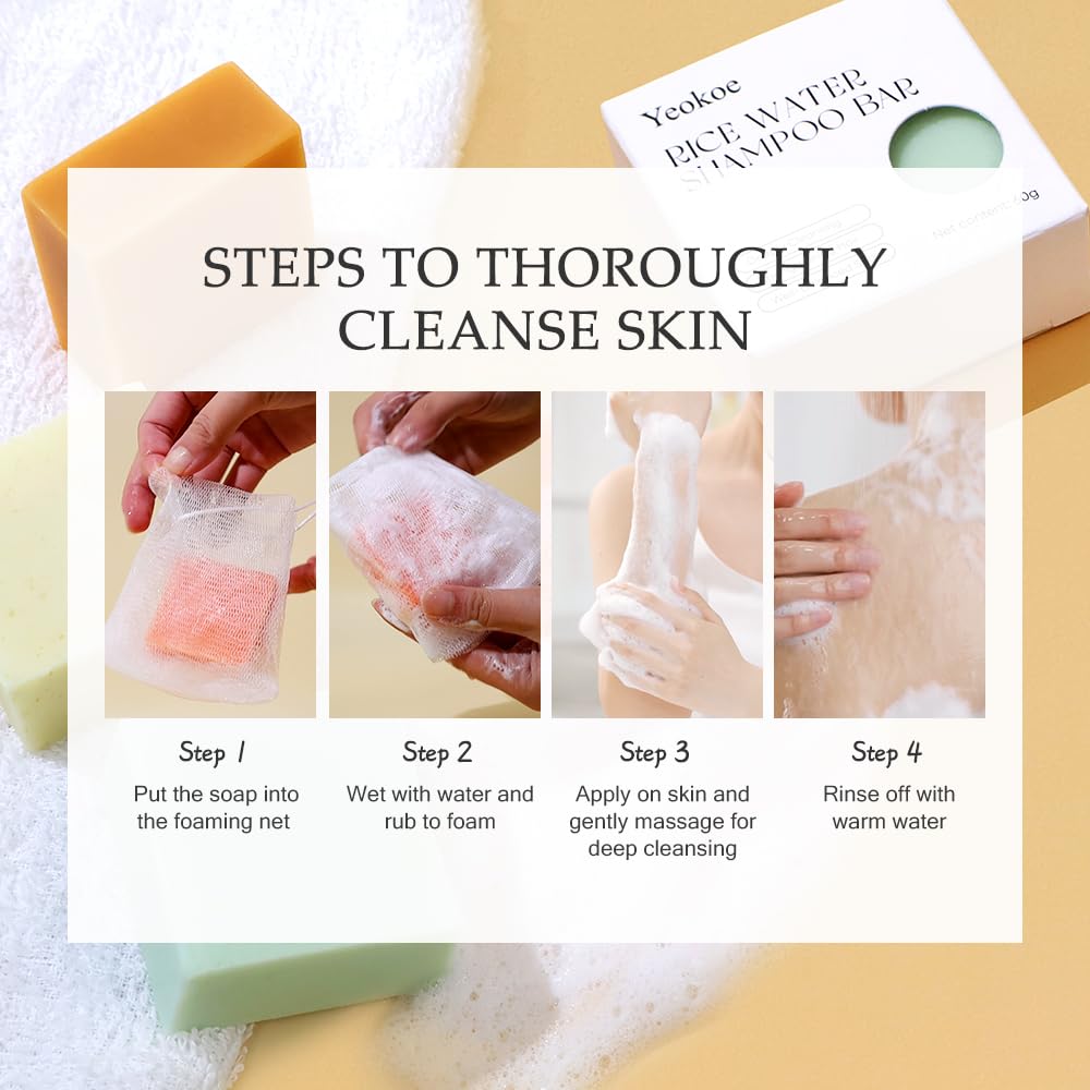 Yeokoe Turmeric Soap Bar and Rice Water Shampoo Conditioner Bar Set,Kojic acid for Body,Face and Hair,Deep Cleansing,Travel Toiletries,Spa Gifts For Women