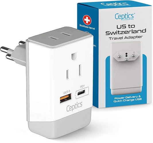 Ceptics Switzerland Plug Adapter, Travel with QC 3.0 & PD, Safe Dual USB & USB-C - 2 USA Socket Compact & Powerful - Quick Charge 3.0 & Power Delivery - Type J AP-11A - Fast Charging