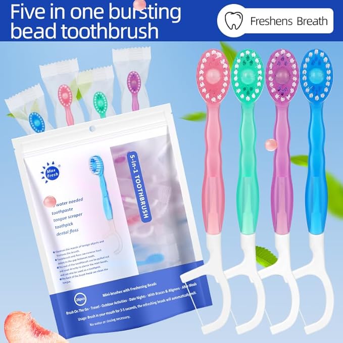 5 in 1 Mini Toothbrush & Floss Disposable Toothbrushes with Toothpaste All in one Oral Care on The go Portable Travel Toothbrush and Toothpaste Set (1 Set/26 Pcs)