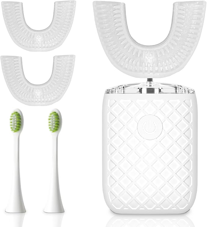 Adult u-Shaped Electric Toothbrush, 360 ° Cleaning, ultrasonic Toothbrush for Cleaning Teeth, Wireless Rechargeable Automatic Toothbrush Set (Milky White)