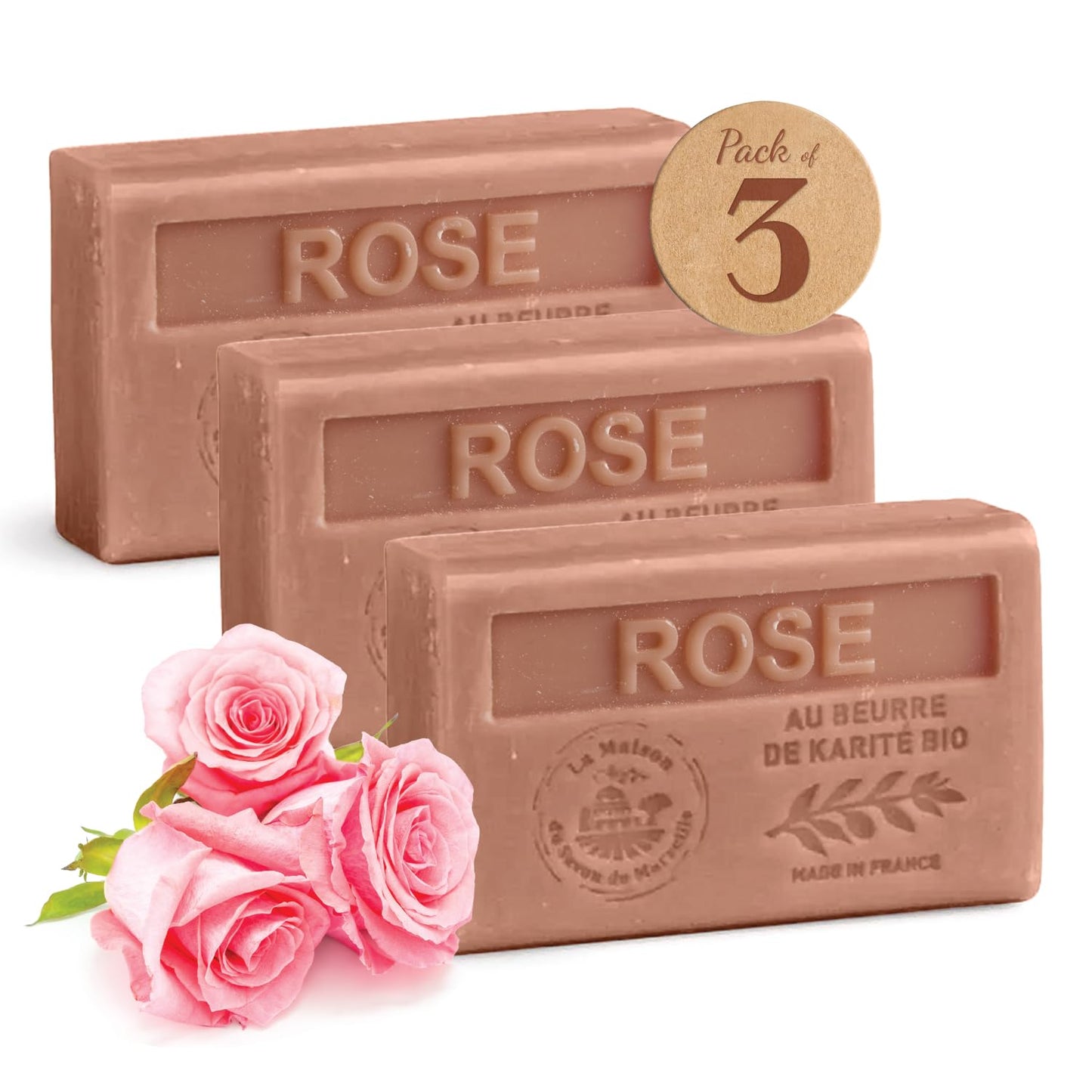 Hand & Body Soap Bars Trio - Rose Moisturizing French Soap with Organic Shea Butter - Rich Creamy Lather - 97% Natural Ingredients - Solid Bath Cleanser Made in Provence - 3x4.4 oz
