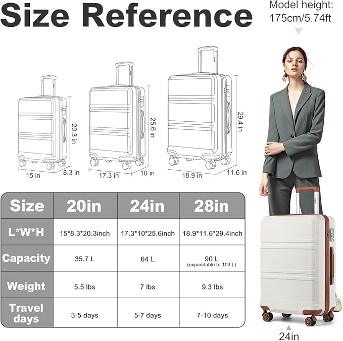 Kono 24 Inch Luggage Suitcase Lightweight with Spinner Wheels TSA Lock Hardside Medium Checked Luggage Durable Rolling Suitcase Cream White