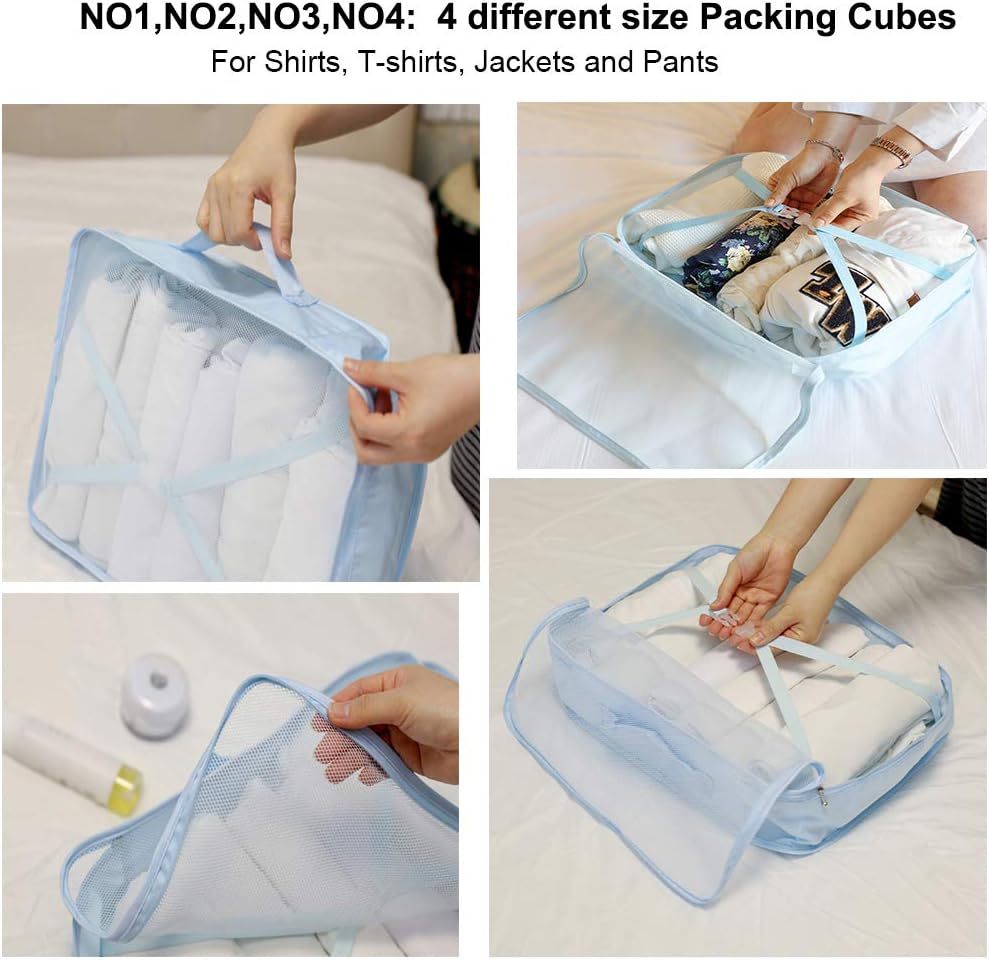 Travel Packing Cubes 8 Pcs Set, Luggage Packing Organizers with Shoe Bag and Toiletry Bag(Light Blue)