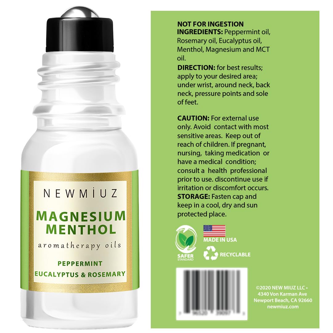 Magnesium Menthol Migraine Roll on Stick - Natural Fast Acting & Cooling Relief Peppermint Eucalyptus Aromatherapy Essential Oils for Headaches Sinus - Perfect Selfcare Gift Stocking Stuffers
