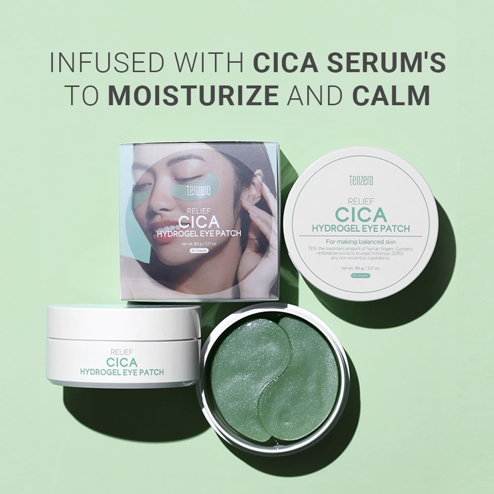 tenzero Relief Cica Hydrogel Eye Patch 60 Patches (90g), Centella Treatments for Puffy Eye, Fine Lines, Soothing, Eye Puffiness Reducer, Hydrating Eye Pads, Korean Under Eye Masks Skincare