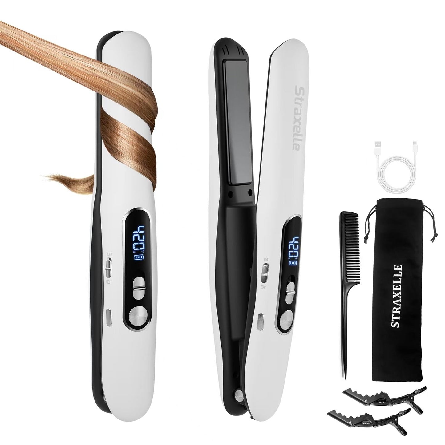 Straxelle 2-in-1 Mini Cordless Hair Straightener and Curler, Adjustable 350°F-420°F, Mini Straightener Flat Iron LED Display/5000mAh,Flat Iron Travel Safe Ceramic Plates for Fine to Thick Hair(White)