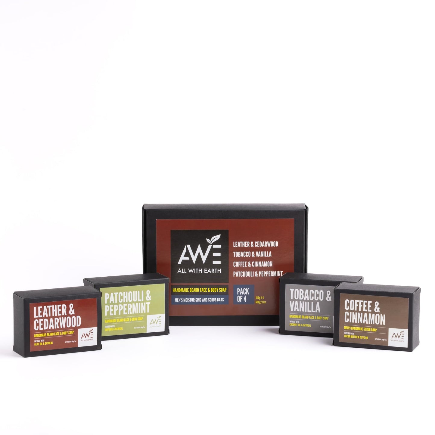 All With Earth Men’s Moisturizing Scrub Soap Set of 4 Handmade Natural Bars Rugged Masculine Scents Deep Cleanse Hydrate Nourish Face Beard Body (Option 2)