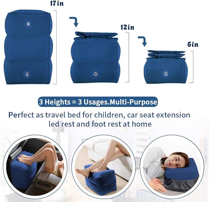 ZIQIAN Inflatable Travel Foot Rest Pillow Portable Adjustable Three Layers Height Foot Stool for Airplanes, Cars, Home, Trains, Office to Lay Down or Sleep on Long Flights with Pump (Blue 2PACK)