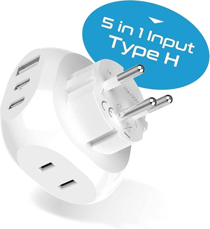 Ceptics Israel, Palestine Travel Plug Adapter - Type H - 5 Input with 20W PD-QC 3.1A Dual USB-C and USB - Light Weight - Perfect for Cell Phones, Laptops, Camera Chargers and More (PTU-14), White