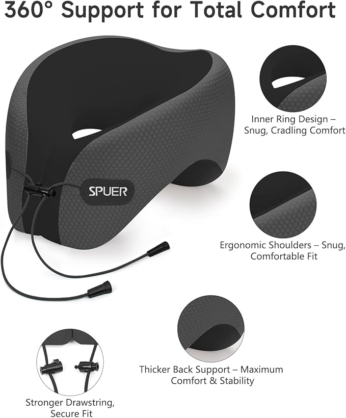 Travel Pillows for Airplanes, Neck Pillow Airplane, Airplane Travel Accessories with Eye Mask, Earplugs & Storage Bag, Ergonomic Memory Foam Neck Pillow for Sleeping, Flights, Cars (Dark Gray & Black)