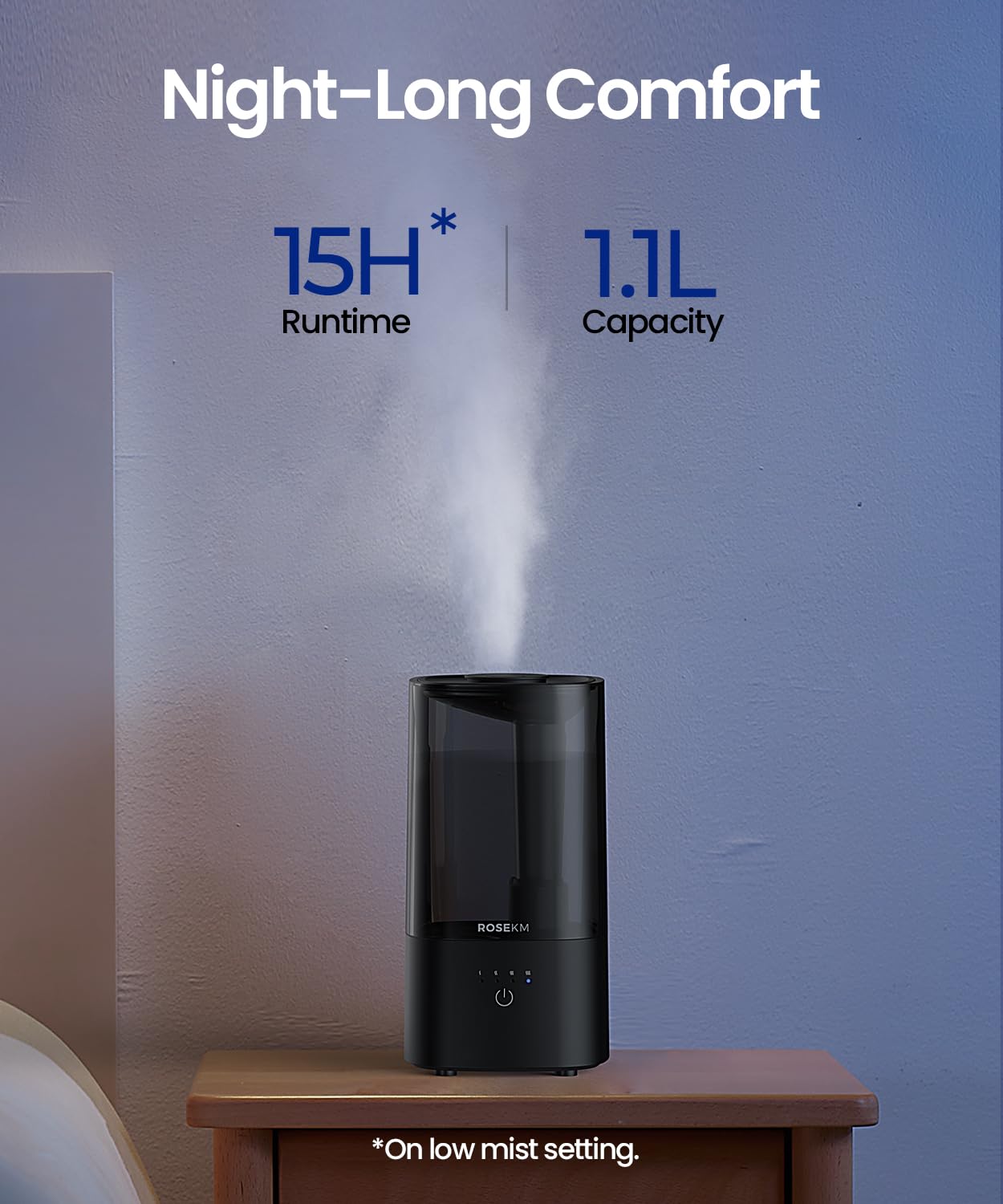 ROSEKM Humidifiers for Bedroom (1.1L), Small Cool Mist Humidifier for Home Plant and Baby Nursery, Quiet Ultrasonic Humidifier with 360° Nozzle, Auto Shut-Off, Filterless, Black