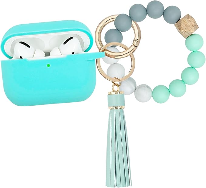 Compatible with Airpods Pro Soft Silicone Case Cover with Bracelet Keychain for Apple Airpod Pro 1st Generation Case for Women (Mint Green)