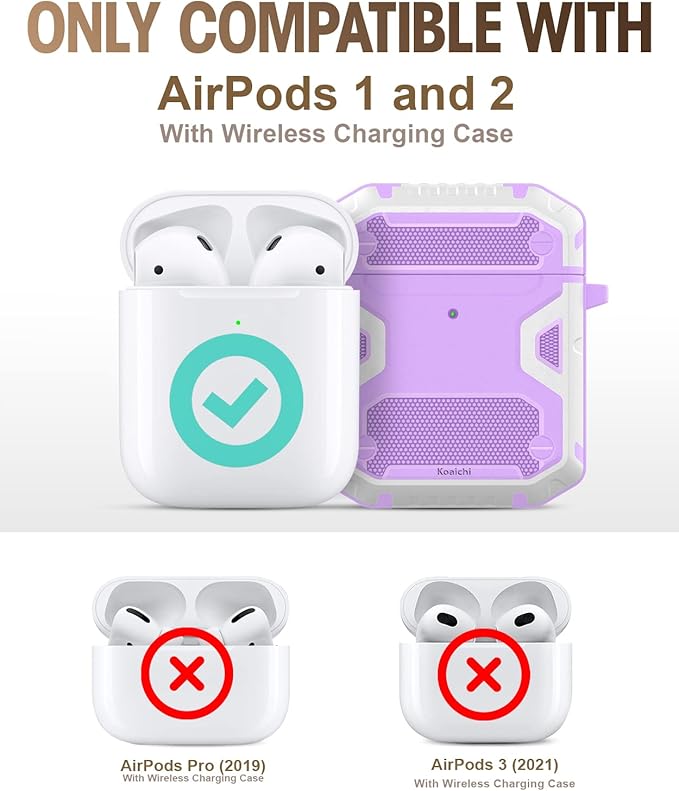 Koaichi Compatible with AirPods Case, Full-Body Rugged Hard Shell Protective Case Cover with Keychain Designed for AirPods 1st & 2nd, Purple/White