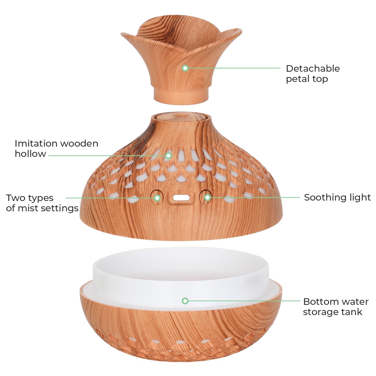 Portable Mini Humidifier, 300ml Small Humidifiers Wooden Vase Flower Aroma Diffuser, Quiet Cool Mist Humidification for Baby Bedroom Travel Office, USB Powered, Colorful Light, Lightwood