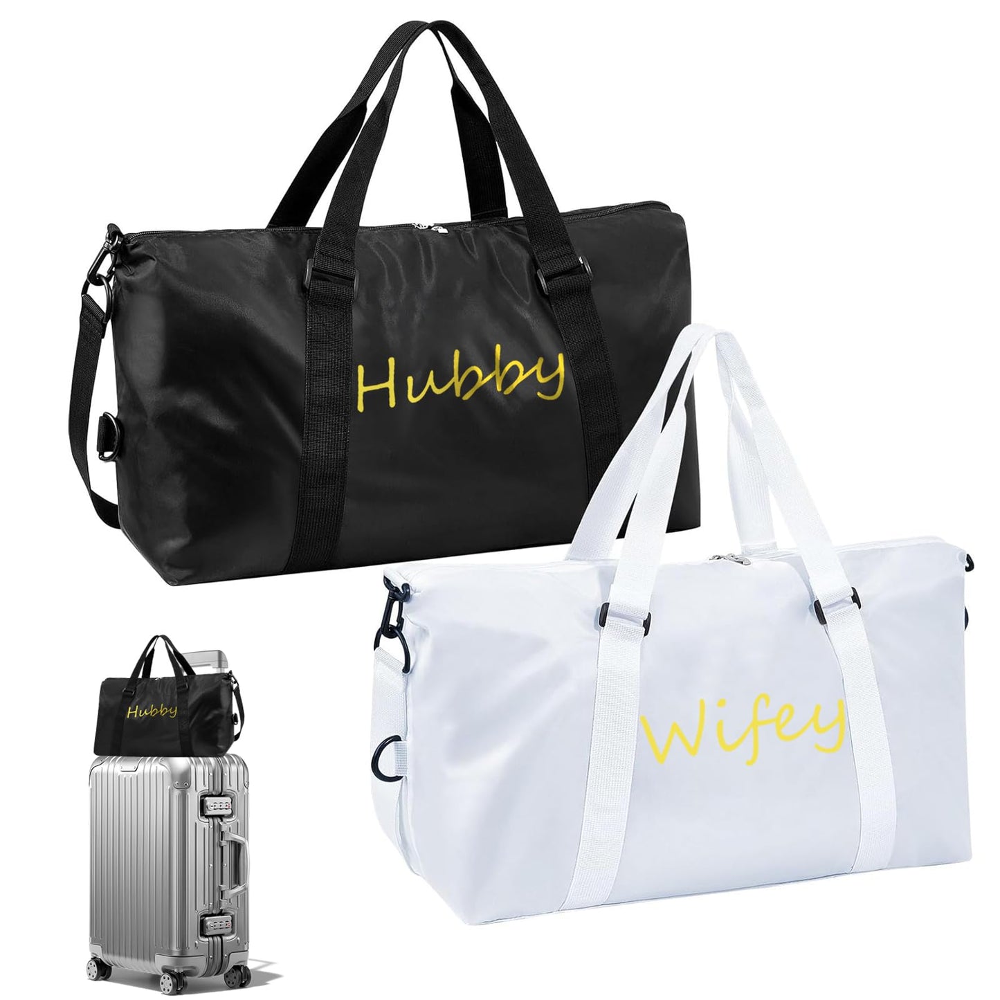 Kuabiz 2 Pcs Wifey Hubby Duffle Bag Set White Black Wedding Travel Bags Waterproof Honeymoon Travel Bags Weekender Tote Bag For Women Men Couple Bridal Shower Honeymoon Party Organizer Supplies