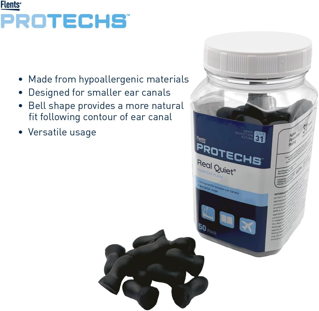 Flents Protechs Real Quiet Foam Ear Plugs for Small Ear Canals, Soft, Comfortable Hearing Protection for Sleep, Work, Travel & Loud Noise, NRR 31, Easy to Use, Black, 50 Pairs