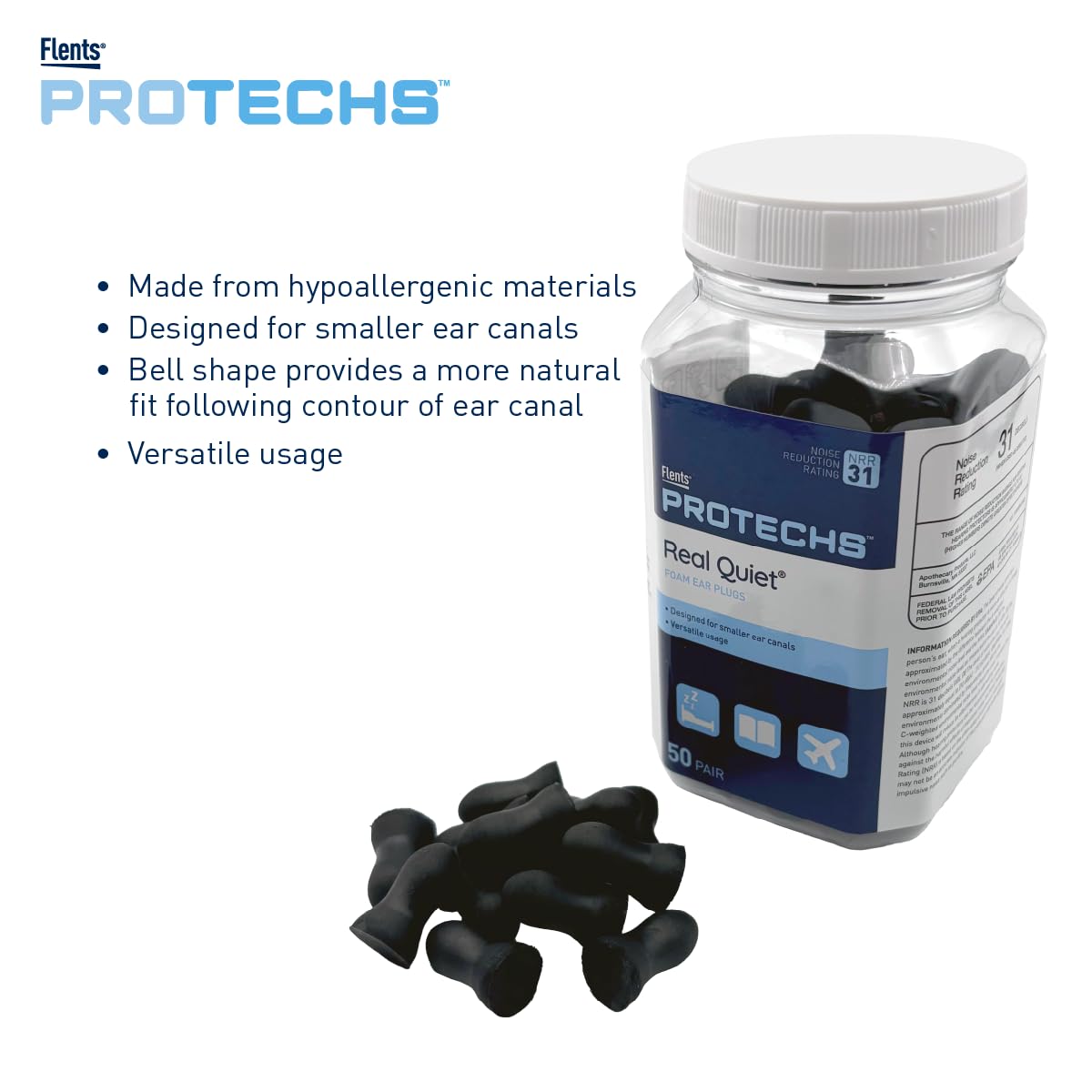 Flents Protechs Real Quiet Foam Ear Plugs for Small Ear Canals, Soft, Comfortable Hearing Protection for Sleep, Work, Travel & Loud Noise, NRR 31, Easy to Use, Black, 50 Pairs