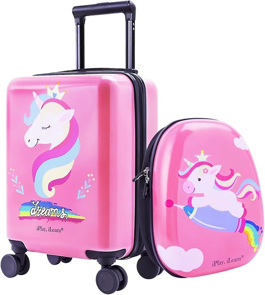 iPlay, iLearn Unicorn Kids Luggage, Girls Carry on Suitcase, 18" Hardside Travel Luggage Set W/Backpack, Toddler Rolling Luggage W/ 4 Spinner Wheels, Children Holiday Birthday Gift