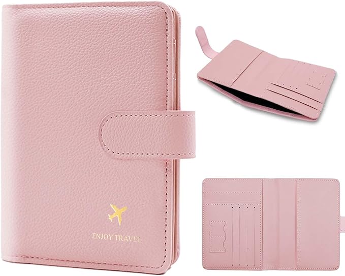 Cnycmy Passport Holder with RFID Blocking, Cash Pocket & Back Zipper Coin Pocket - Travel Document Holder, Magnetic Button, Multiple Card Slots - Soft PU Leather for Men and Women (PINK)