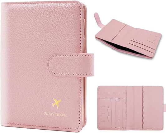 Cnycmy Passport Holder with RFID Blocking, Cash Pocket & Back Zipper Coin Pocket - Travel Document Holder, Magnetic Button, Multiple Card Slots - Soft PU Leather for Men and Women (PINK)