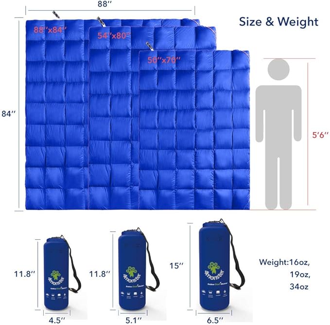 4Monster Down Camping Blanket - Outdoor Travel Quilt Puffy 650 Fill, Packable, Lightweight,Wind & Waterproof | Ideal for Stadium, Backpacking,Picnics, Beach and Hiking