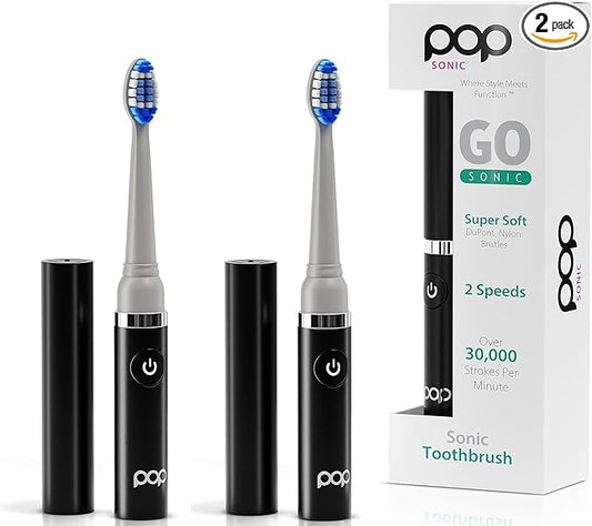 2-Pack Pop Sonic Electric Toothbrush (Black) - Travel Toothbrushes w/AAA Battery | Kids Electric Toothbrushes with 2 Speed & 15,000-30,000 Strokes/Minute, Dupont Nylon Bristles