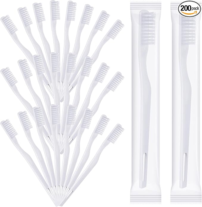 200 Pack Individually Wrapped Disposable Toothbrush Bulk, Soft Bristle Travel Toothbrush for Adults, Hotels, Travel, Donation, White
