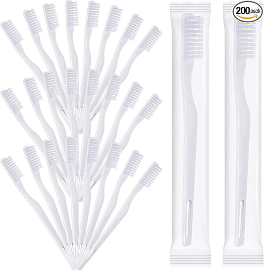 200 Pack Individually Wrapped Disposable Toothbrush Bulk, Soft Bristle Travel Toothbrush for Adults, Hotels, Travel, Donation, White