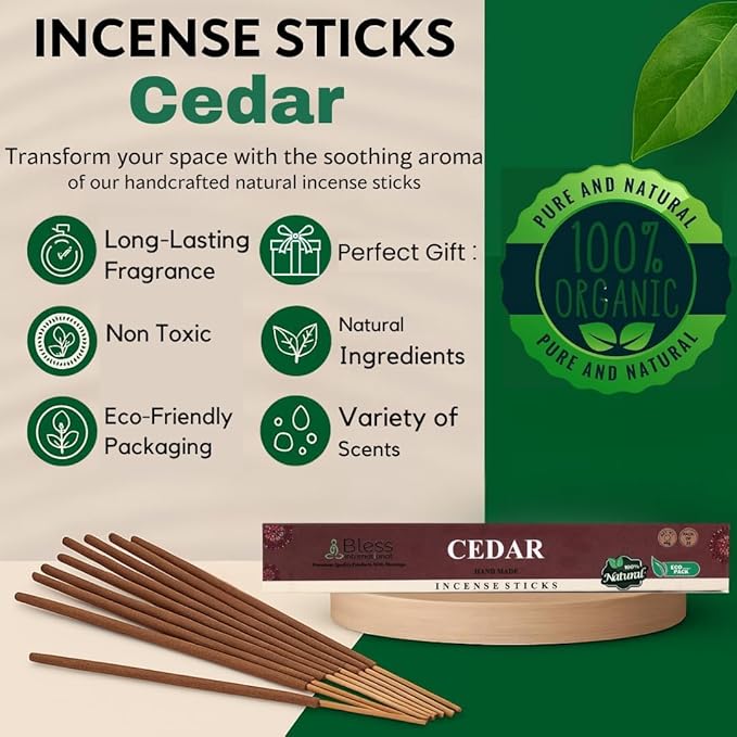Bless-Cedar 100%-Natural-Handmade-Hand-Dipped-Incense-Sticks Organic-Chemicals-Charcoal-Free Purification-Relaxation-Positivity-Yoga-Meditation Best-Woods-Scent (500 Sticks(26 OZ))
