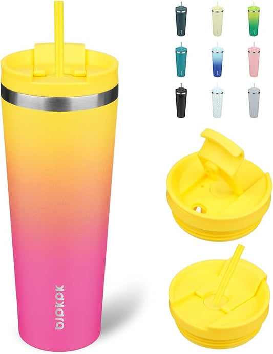 BJPKPK 26oz Stainless Steel Insulated Tumbler With lid And Straw Travel Coffee Thermal Tumblers Cup For Women And Men,Pink Yellow Rose