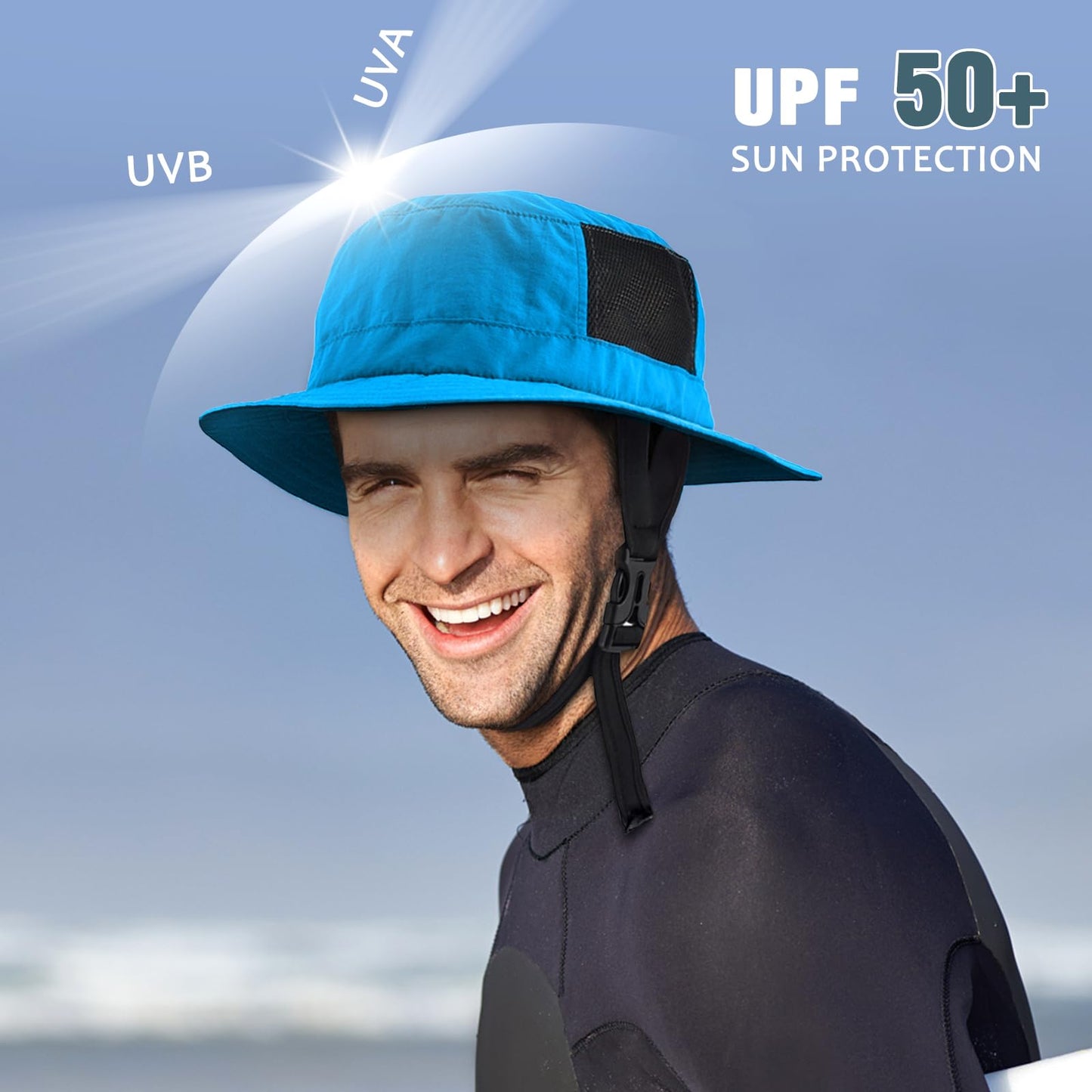 Seektop Surf Bucket Hat with UPF 50+ UV Protection, Waterproof Sun Hat with Adjustable Chin Strap for Surfing, Water Sports Blue